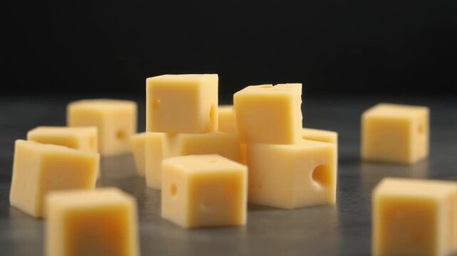 Cubed cheese pieces scattered on a dark surface, viewed from a slightly low angle, highlighting their texture and color.
