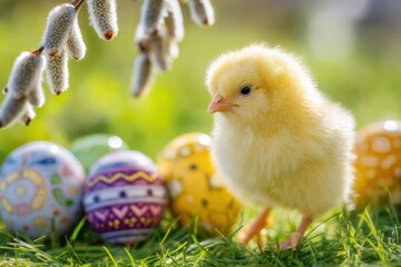Chick explores eggs, Furry chick ventures among vibrant eggs under sunlight outdoors, Adventurous small bird examines decorative eggs in sunlight with playful curiosity outside