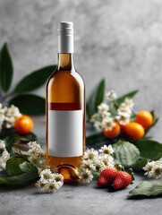 Luxurious wine bottle mockup, winery label blank preview, commercial scene with wine bottle and fruits