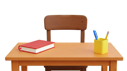 Desk with red book and pens on white background