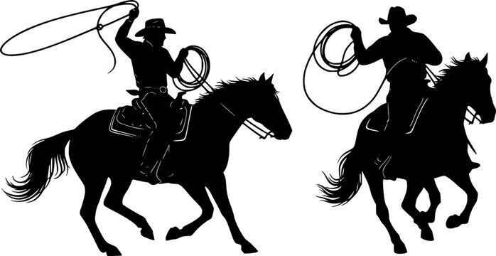 Cowboy silhouette with rope lasso on horse vector illustration isolated on white background for rodeo western design