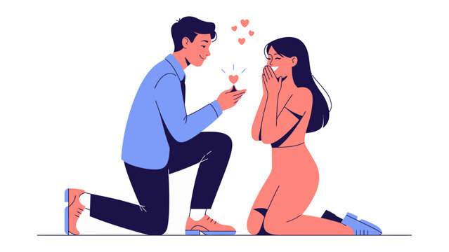 The Proposal Moment: A romantic illustration captures a man proposing to a woman, the joy of the moment symbolized by floating hearts, a heartfelt and defining event.