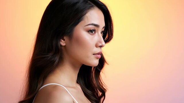 Elegant Silhouette: An attractive individual presents a side profile, with a focus on their facial features and long, wavy hair, against a soft gradient backdrop that creates a harmonious atmosphere.