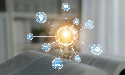 This image illustrates a light bulb symbolizing innovation, surrounded by icons that represent various concepts within technology, creativity, and business strategy. Crux