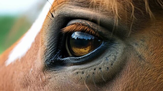 Horse's Gaze: A close-up shot of a horse's eye revealing depth and intelligence, emphasizing the connection between human and animal.
