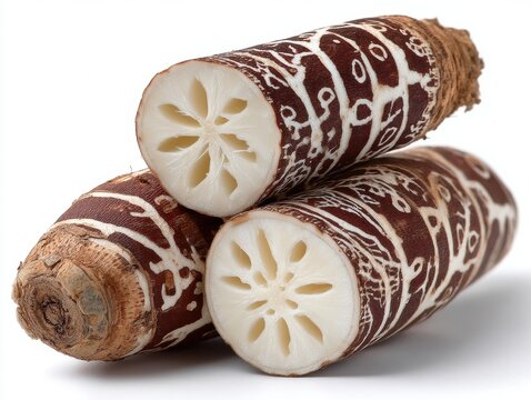Sliced Taro Root Cross-Section on White Background