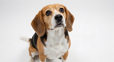 Beagle dog seated gazing upwards with light brown and white coat and floppy ears on a plain background