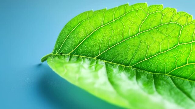 The leaf of Freshness: A close-up shot of a vibrant green leaf, showcasing intricate texture and natural elegance against a simple blue backdrop. 