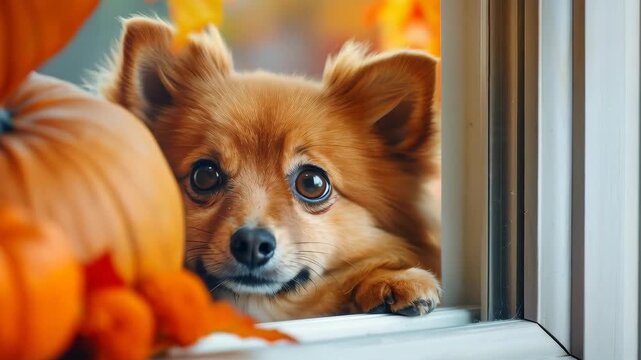 Pomeranian Dog and Pumpkin: A charming Pomeranian dog peers inquisitively from a window, flanked by pumpkins, its gaze mirroring a sense of curiosity, anticipation and the gentle hues of fall.