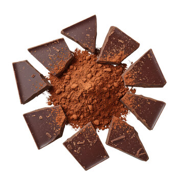Top-down view of irregularly fractured 70% dark chocolate shards with sharp edges, scattered around a soft pile of deep mahogany dutch-process cocoa powder, ultra-detailed luxurious advertising