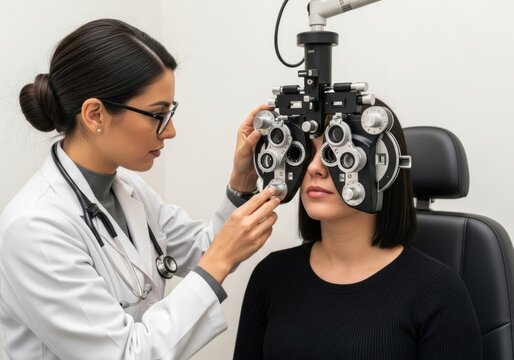 An optometrist wearing glasses and a stethoscope performs an eye exam on a patient using a phoropter in a clinic setting