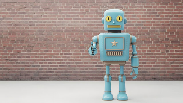 retro vintage robot show tumb up; on a brick wall background