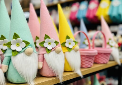 A row of colorful easter gnomes with flowers and baskets on a shelf, perfect for spring decorations and holiday themes