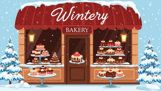 A charming winter bakery scene with snow covered cakes and pastries on display in a cozy shop with a red awning and festive lights with day