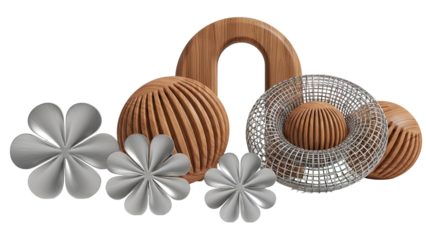 Abstract 3D render of metallic flowers and wooden geometric shapes