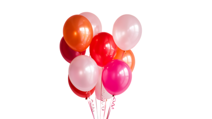 A bunch of solid colour  balloons in red pink and orange against a transparent  background party