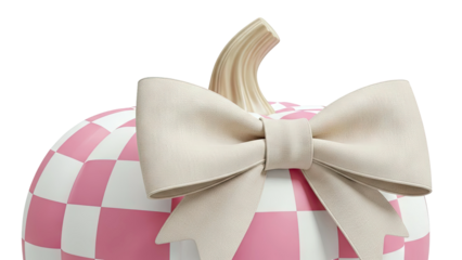 Pink and White Checkered Pumpkin with Beige Bow
