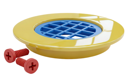 Yellow Drain Cover with Blue Grate and Red Screws