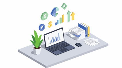 Obraz premium Isometric illustration of a laptop with a bar graph on the screen, surrounded by office supplies, a plant, and floating financial symbols on a gray desk against a white background.