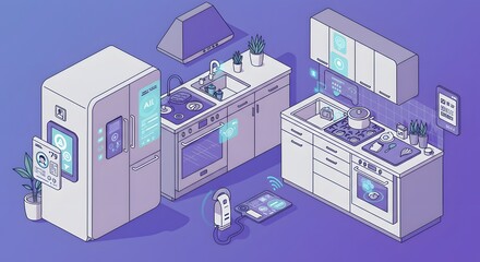 Isometric kitchen scene with smart appliances and digital interfaces
