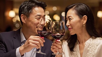 Elegant celebration of a couple sharing wine and joyful moments in a luxurious