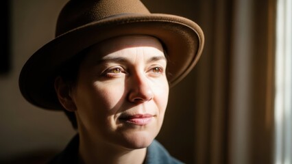 A close-up portrait of a young man wearing a brown hat and looking out the window with a thoughtful expression.