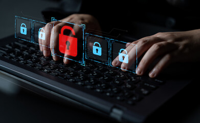 Digital security concept illustrating a cybersecurity breach, with a red unlocked padlock indicating data exposure among secure systems, emphasizing system vulnerability and risk Latch