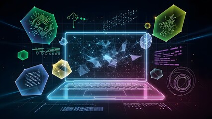 Futuristic glowing laptop neon illustration with floating digital data icons, circuit board patterns, and abstract geometric shapes representing artificial intelligence and big data technology.
