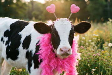 A cute black and white calf wearing a pink feather boa and heart-shaped antennae in a sunny field.