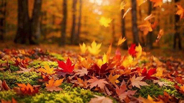 Vibrant Autumn Color: Single Macro Shot of a Golden Maple Leaf against a Red and Yellow Background