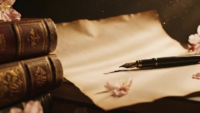 Vintage Quill Pen and Old Paper with Books and Flowers.