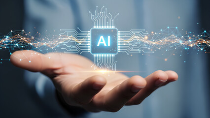 Person holding AI circuit board with glowing connections and nodes