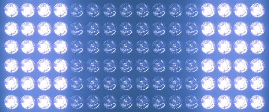 Widescreen flashing lights with bright blue lamps pulsing in patterns, perfect for music videos, club events, and show intros, concert visuals and dynamic stage backgrounds