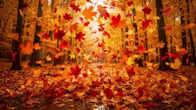 Aerial Drift High angle shot looking down, depicting a wide area of colorful leaves swirling and drifting across an open patch of ground, surrounded by blurred