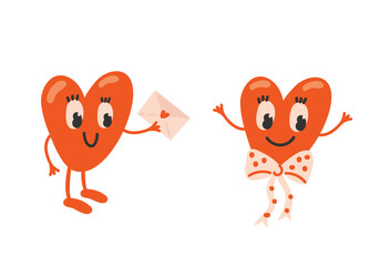 Obraz premium A cartoon character in the shape of a heart sends a love letter. Concept for a love letter for Valentine's Day or a greeting card. Flat style.