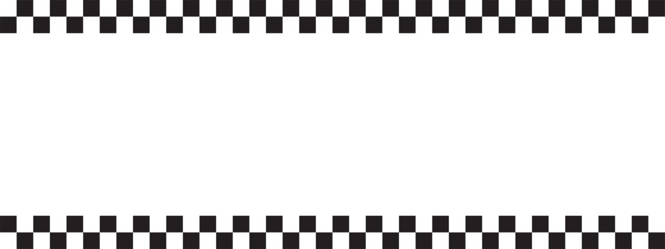 Top and bottom borders with rally flag or chessboard print. Chess game or sport car competition background with empty space in center. Black and white checkered pattern. Vector graphic illustration