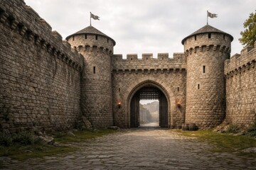 Obraz premium Stone walls surround a castle entrance featuring two towers and a wooden gate, with cloudy skies and a visible pathway leading to the structure.