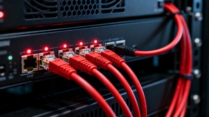 Data Center Server Rack with Ethernet Cables &ndash; Network Infrastructure, Cloud Computing, and IT Technology Concept