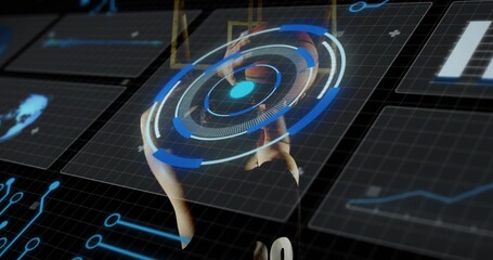 Interacting male athlete manipulating blue holographic HUD in studio with data panels, jersey 30