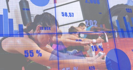 Stretching foreground woman wearing black tank top reaching toes on gym red mat, with data overlays