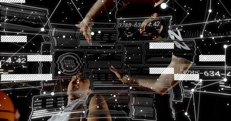 Scanning two men leaning over reclining man in tank top in dark lab, showing UI overlays