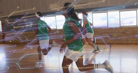 Sprinting female athlete wearing green jersey and white shorts across gym court, circuit overlay