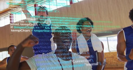 Celebrating teammates in blue-white jerseys raising arms on court with green code overlay and towel