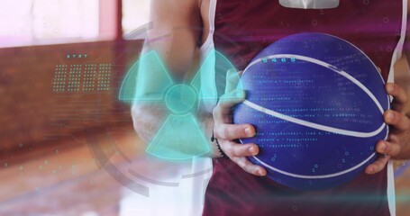 Holding player gripping blue ball at court, maroon sleeveless top, left wristband, digital overlay