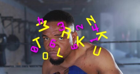 Leaning muscular boxer holding guard in boxing ring, bare-chested with blue gloves and neon overlay