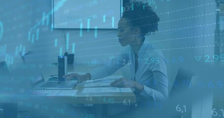Working woman in light shirt, glasses, bun using laptop, forms, chart overlay in office, copy space