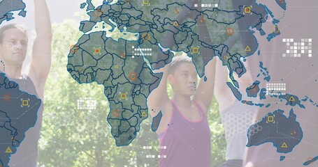 Stretching three adults performing overhead stretches in park, with digital map overlay and tanks