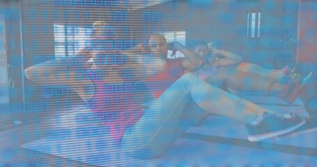 Performing crunches three adults on exercise mats in gym, wearing workout clothing, binary overlay