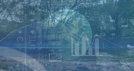 Merging park promenade with translucent digital overlay at riverside, showing globe, charts, icons