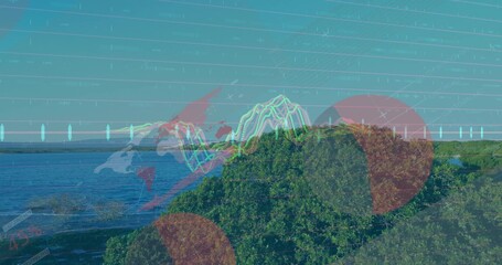 Displaying centered green hill over calm river, overlaying red circle, world map, neon graphs, grid